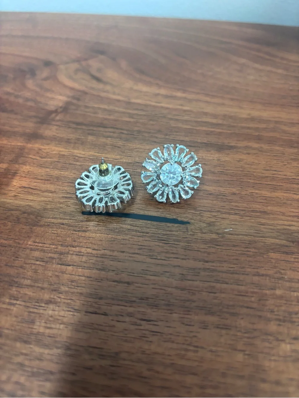 Crystal Flower Stud Earrings - Silver Tone